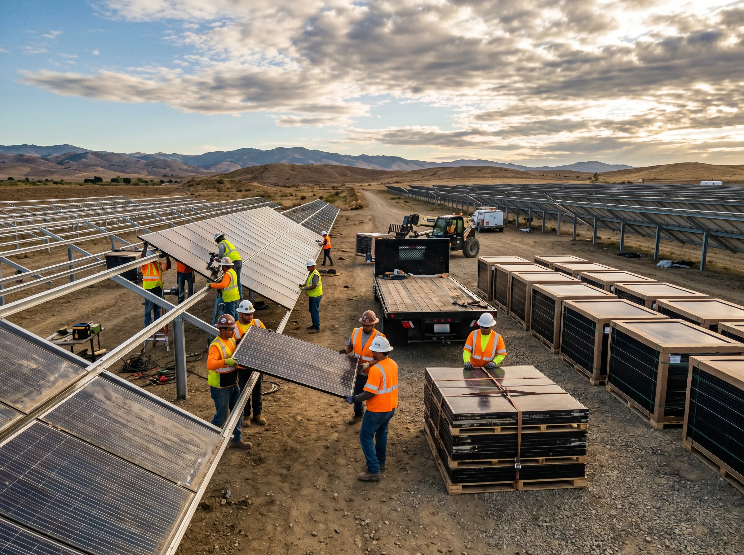 “Workers in safety gear assembling and installing solar panels at a large-scale solar farm, with stacked panels, equipment, and mountains in the background.