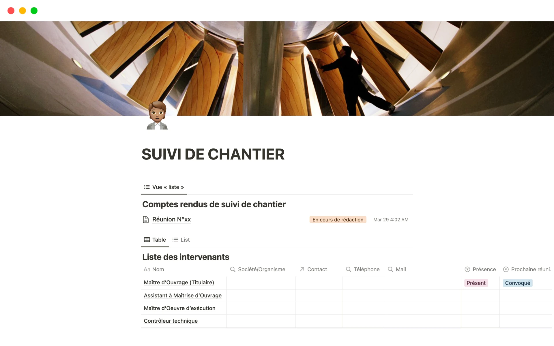 Capture d'écran d'un modèle notion de suivi de chantier