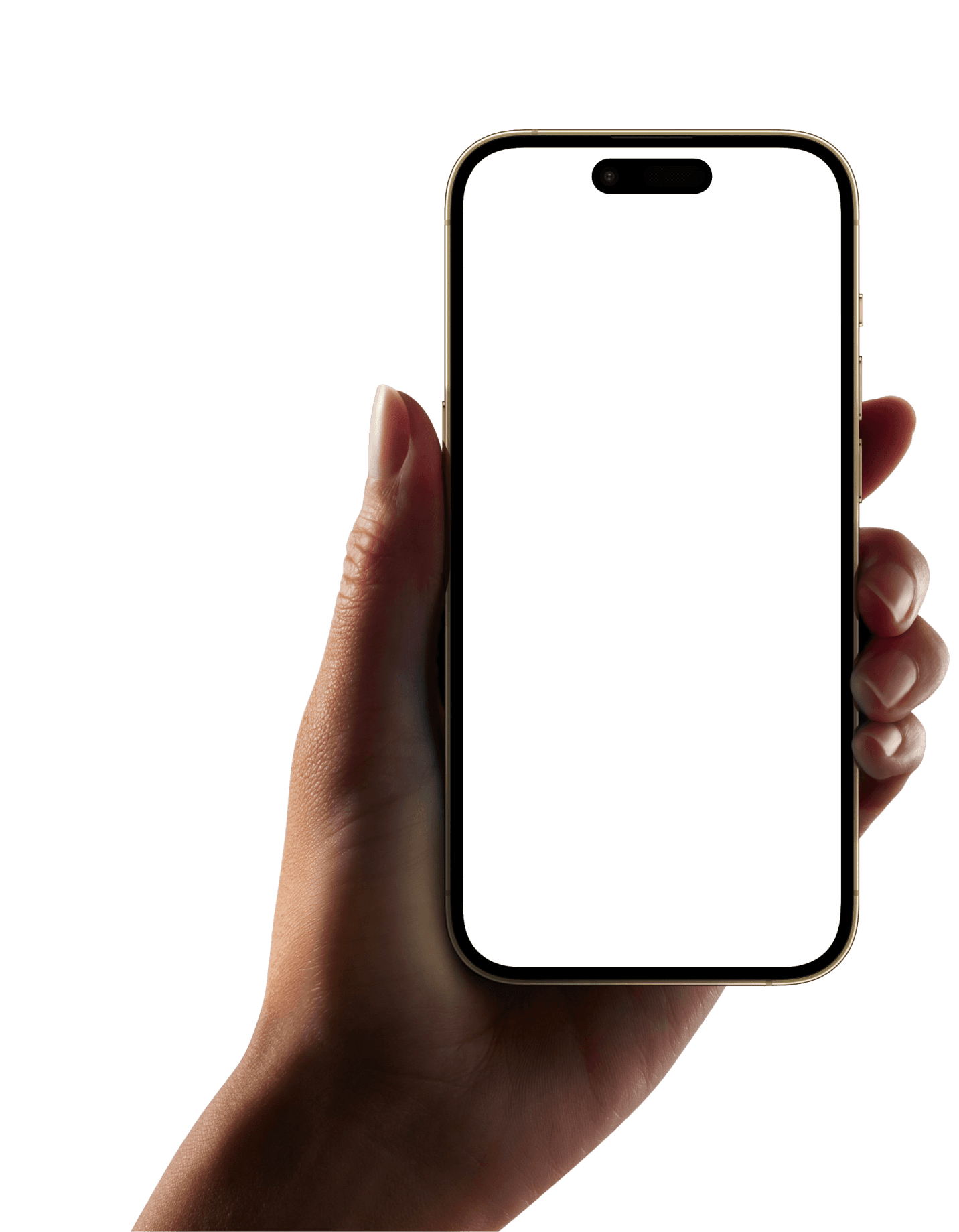 A hand holding a smartphone with a blank screen, set against a simple background.