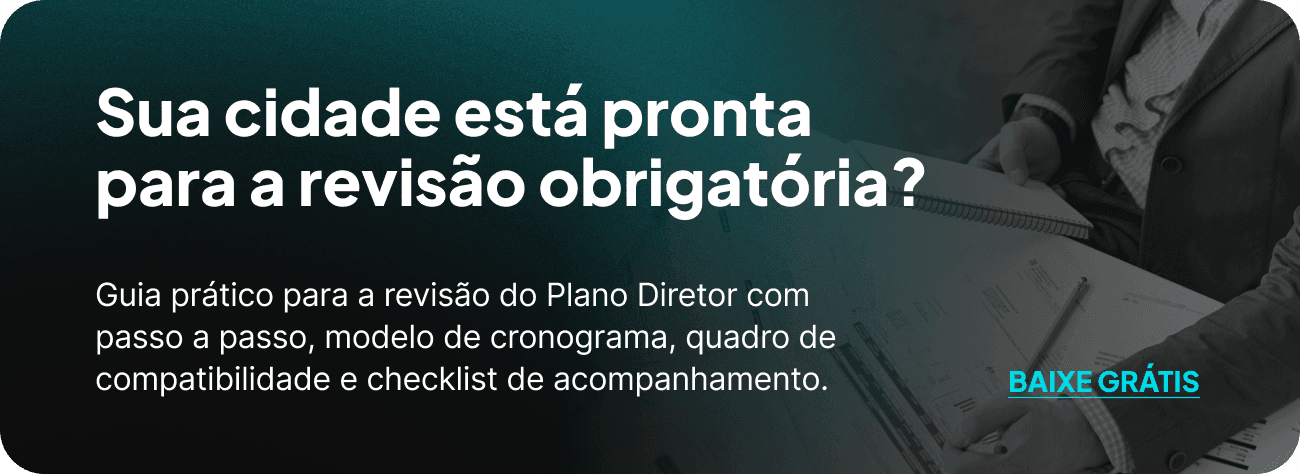Banner promocional com a frase “Sua cidade está pronta para a revisão obrigatória?”, convidando o leitor a baixar o guia prático para revisão do Plano Diretor.