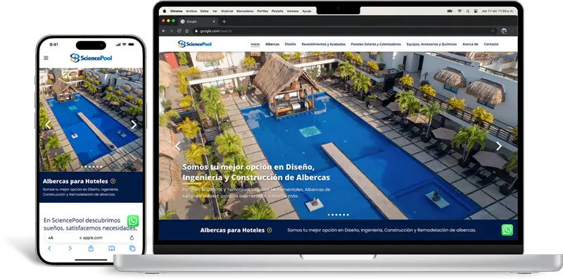 Fotografía de un iPhone y una MacBook mostrando la interfaz responsiva del sitio web SciencePool; se observa la adaptación del diseño desde la versión de escritorio a la versión móvil.