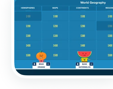 Factile Jeopardy game board showing multiple teams with score displays