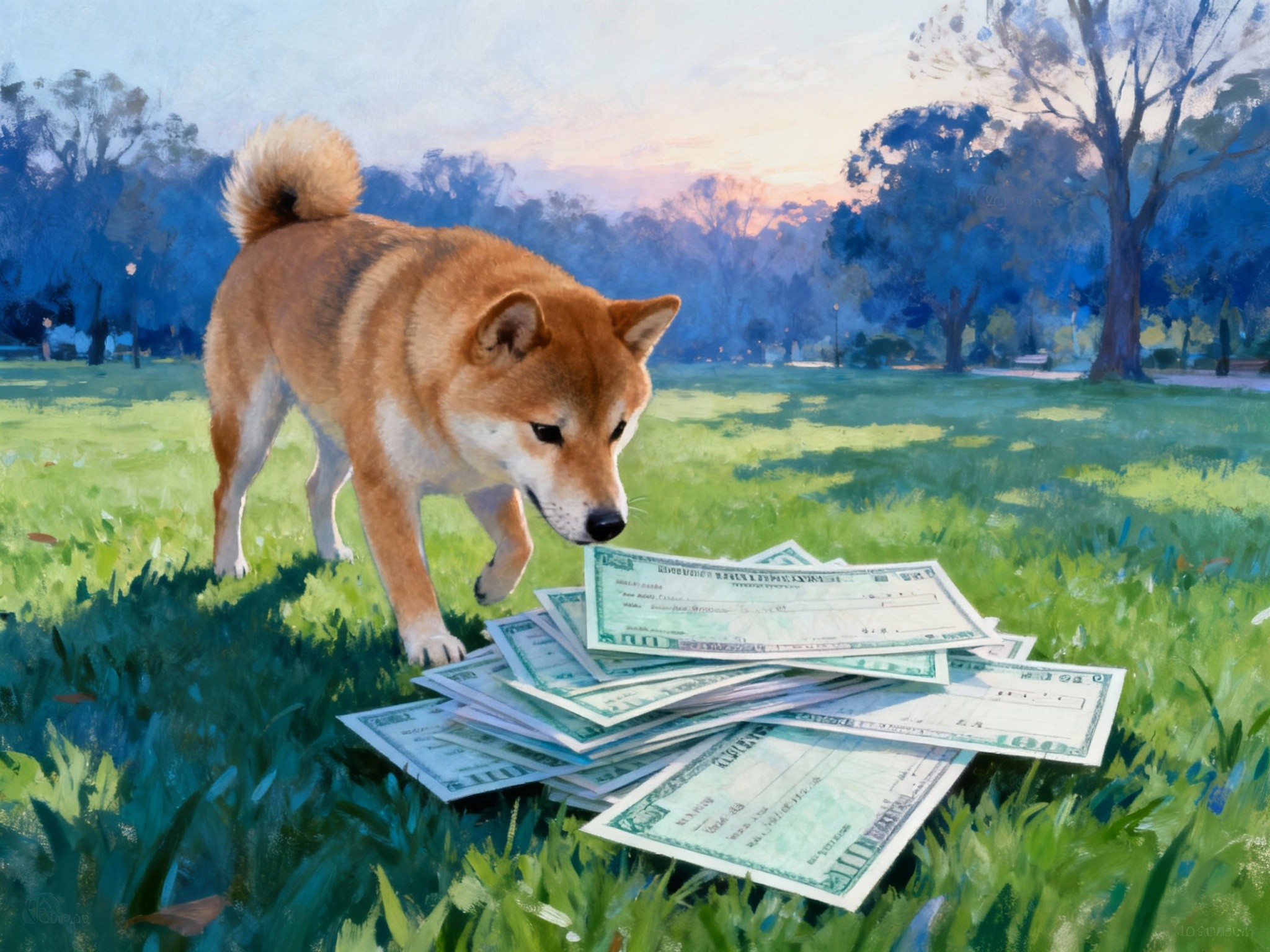 An early morning outdoor scene in a format showing a playful Shiba Inu dog inspecting a pile of