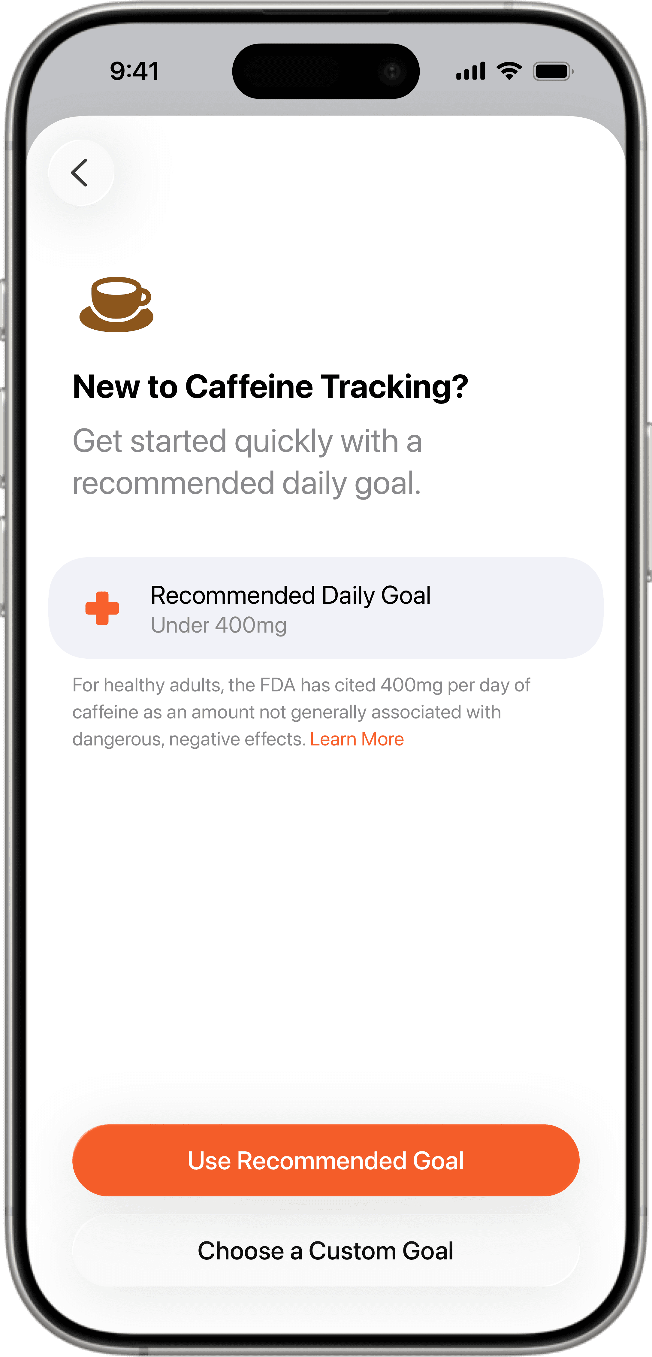 Setting daily caffeine tracking goal in Foodnoms nutrition app with FDA recommended limit