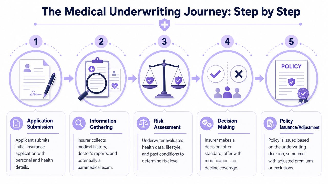 An infographic illustrating the five-step medical underwriting journey, from initial application submission to final policy issuance.