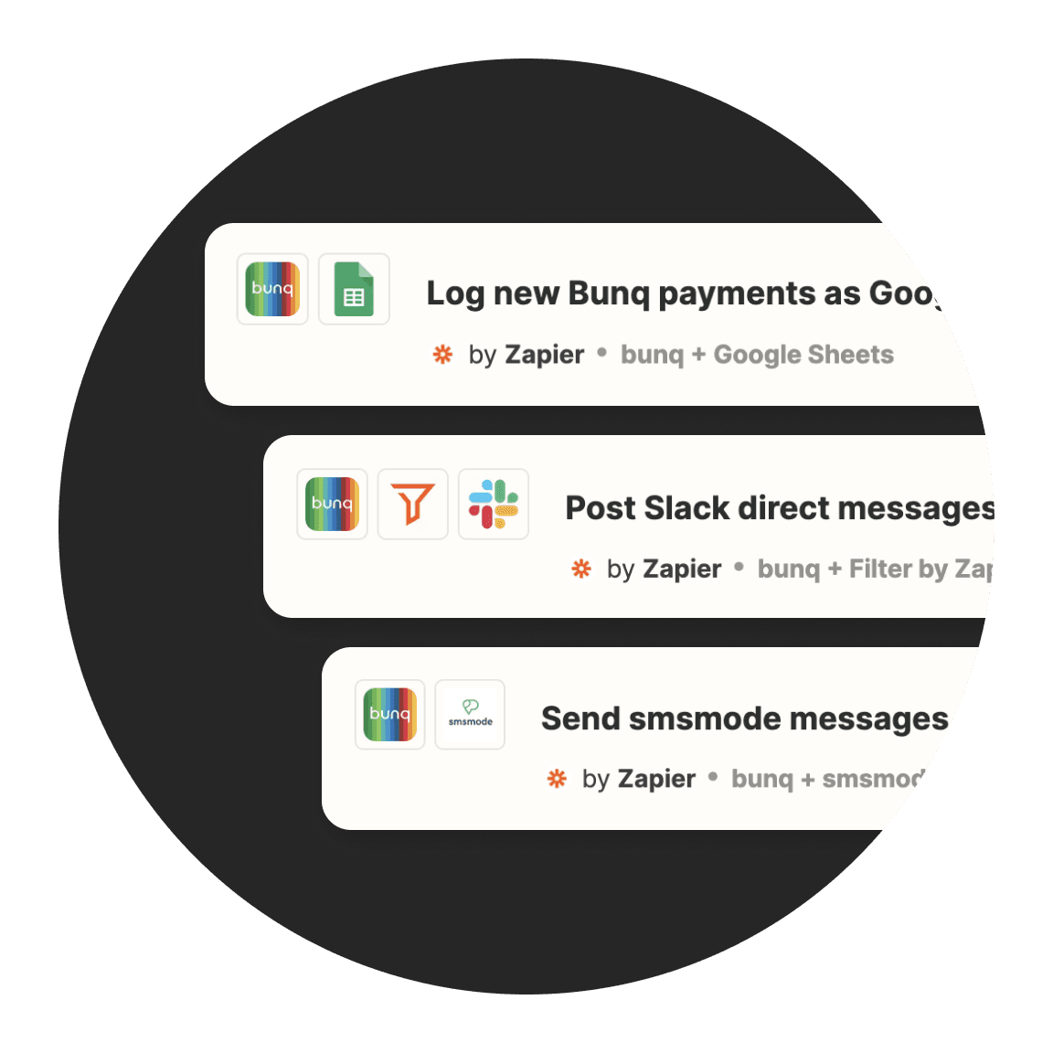 Drie tekstvakken met voorgestelde berichten, elk met een pictogram en een titel, in een cirkelvormig formaat.