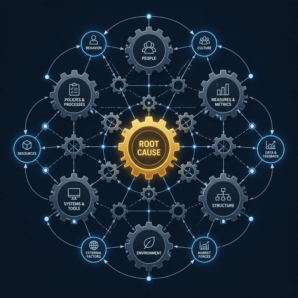 A set of interconnected gears representing Systems Thinking, with one gear highlighted to show the root cause.