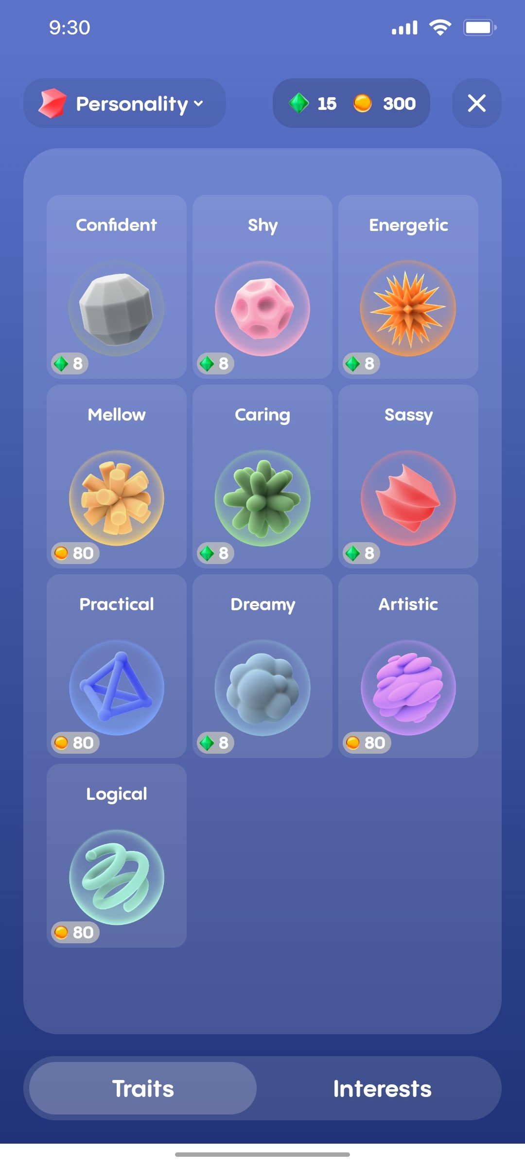Replika Traits screen