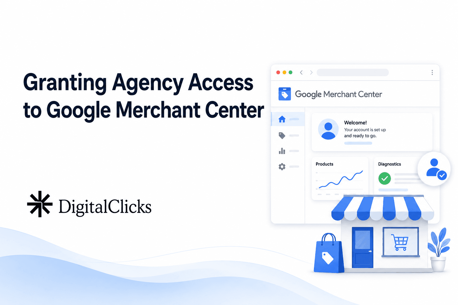 Digital Clicks guide card for granting Google Merchant Center access.