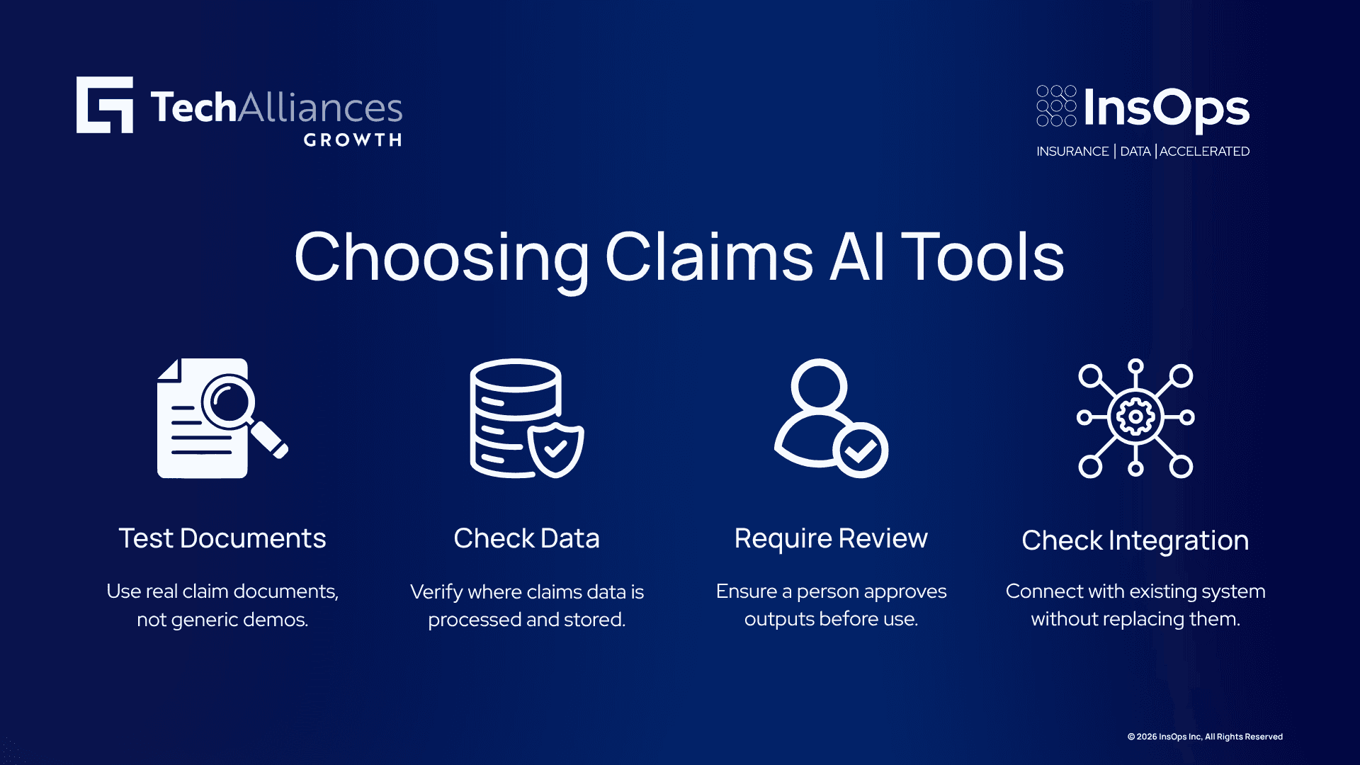 Claims AI evaluation steps: test documents, verify data handling, require human review, and check system integration.