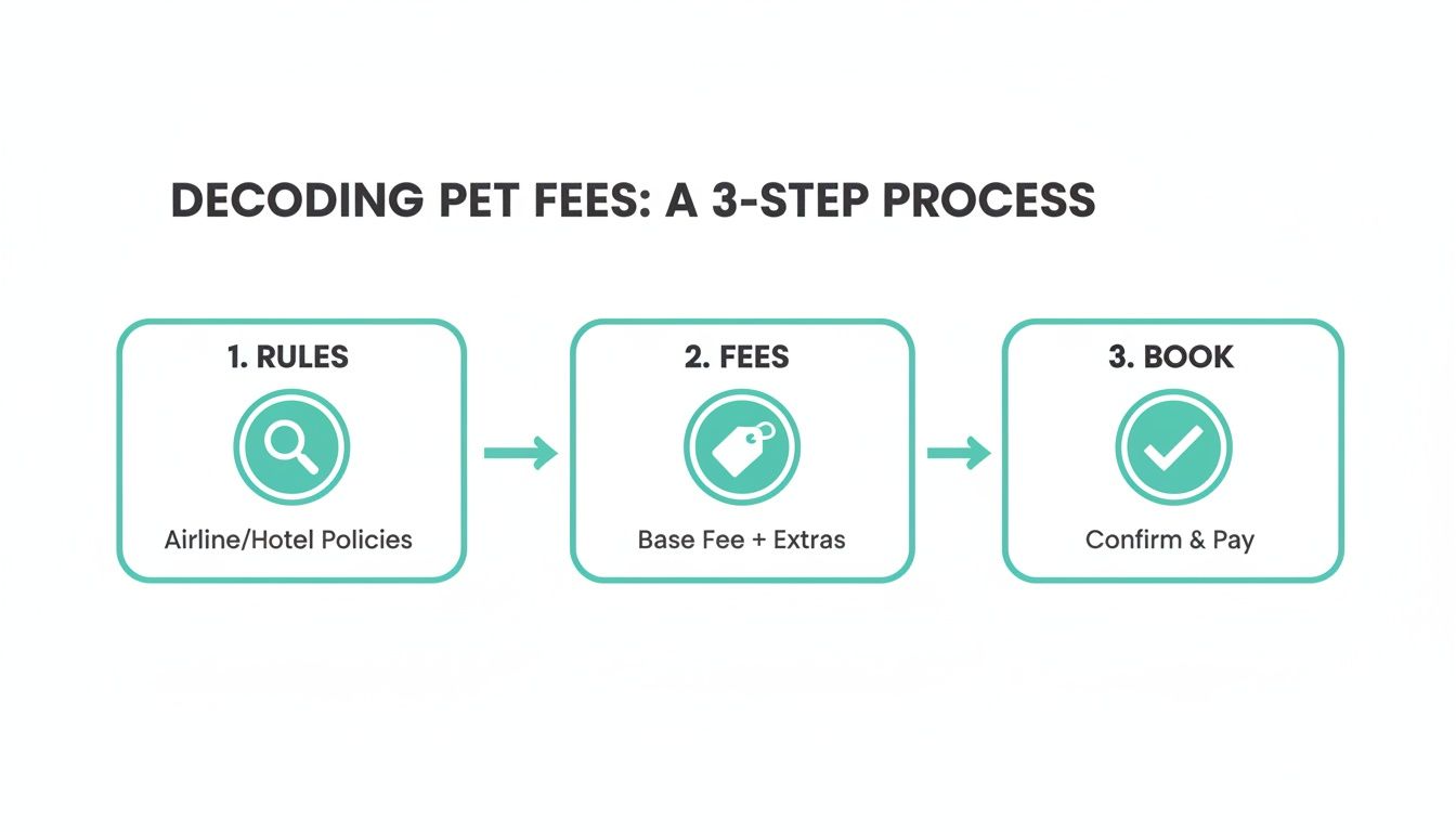 Infographic showing a 3-step process for understanding and booking pet fees for travel.