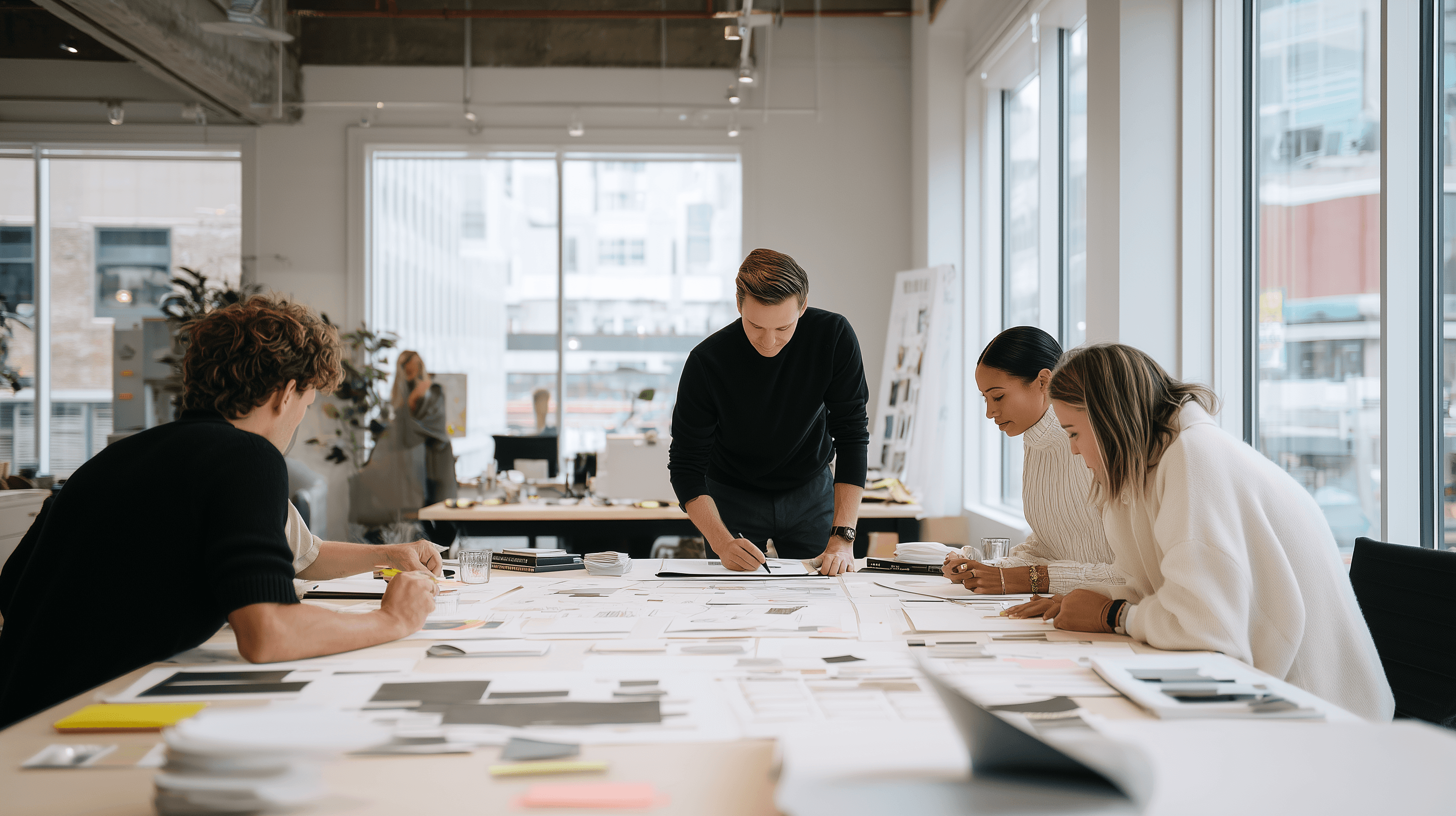 Black and white image of people working at a table with laptops, showing hands gesturing during discussion of digital content displayed on screens, with fabrica® logo in the corner.
