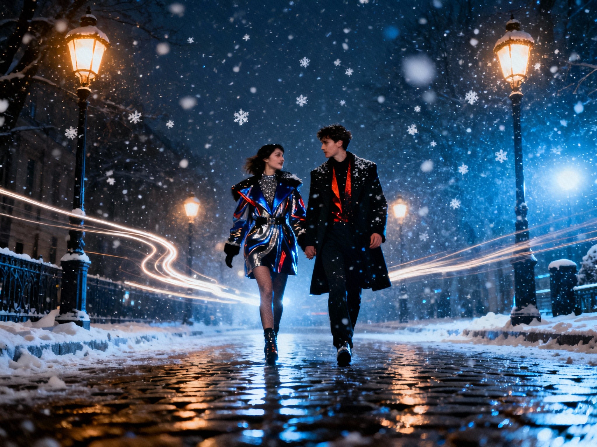 A dramatic nighttime street scene with a fashionable couple dressed in bold, avant-garde New Year's