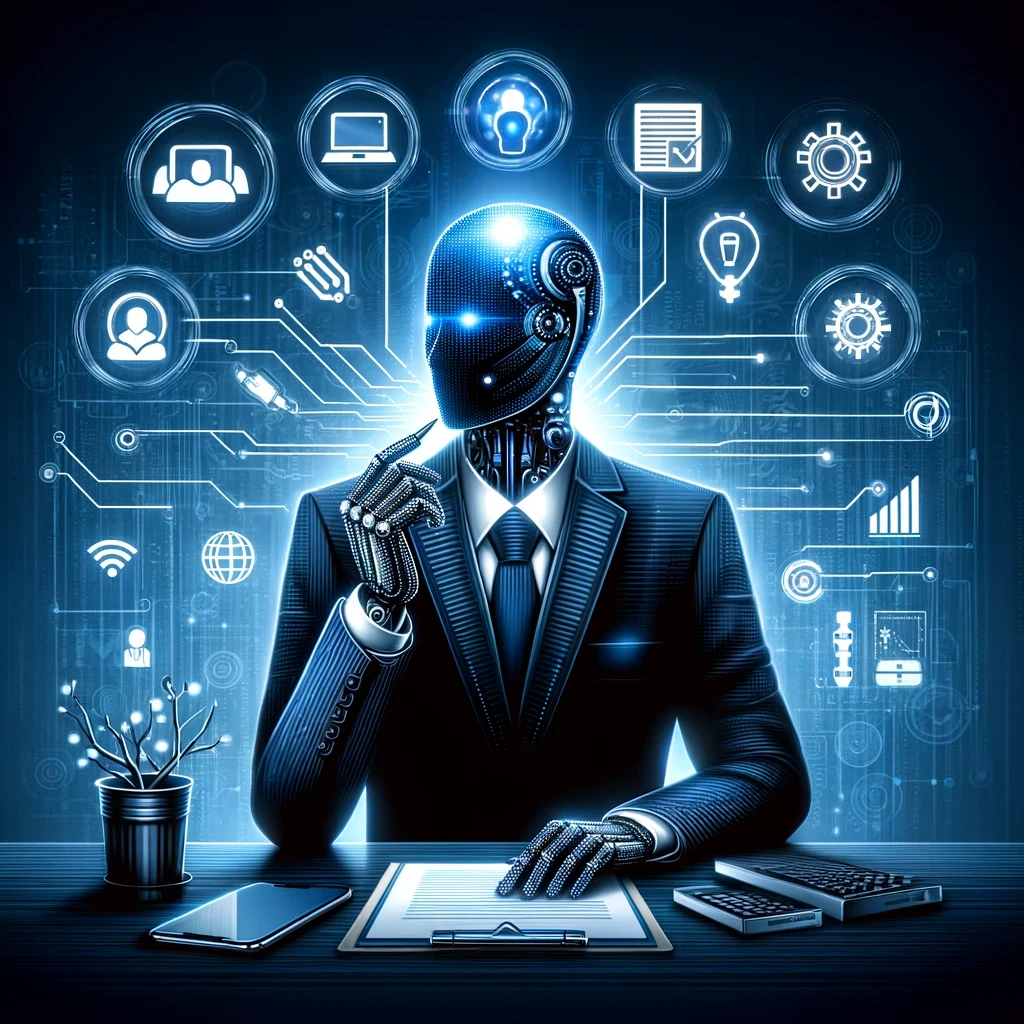 An illustrative depiction of a robotic figure in a business suit at a desk with icons symbolizing various corporate tasks and AI functions, reflecting the integration of AI into the corporate environment to enhance productivity and streamline work processes.