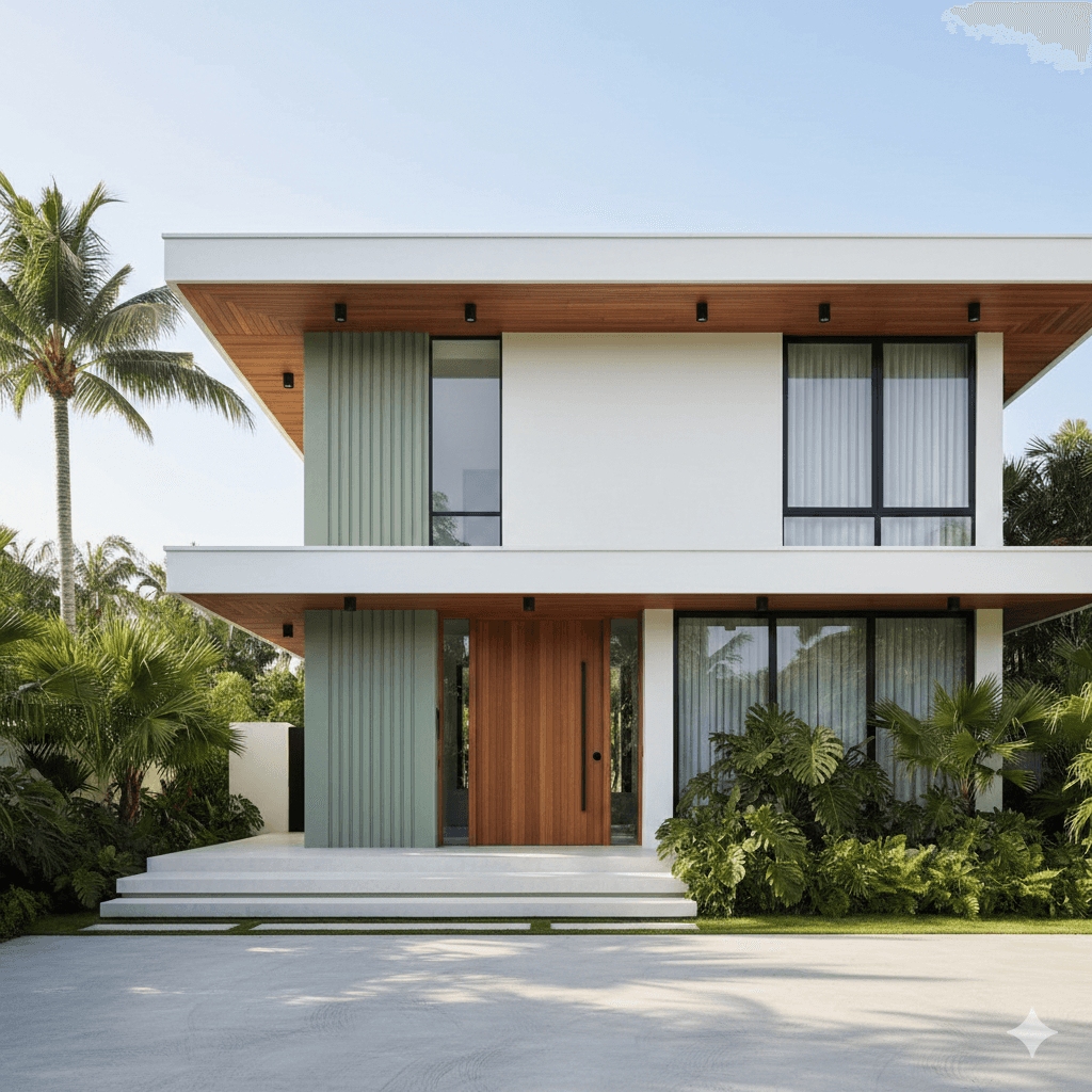 Modern two-story house with large windows, white and wooden exterior. Surrounded by palm trees and lush greenery, set under a clear blue sky.