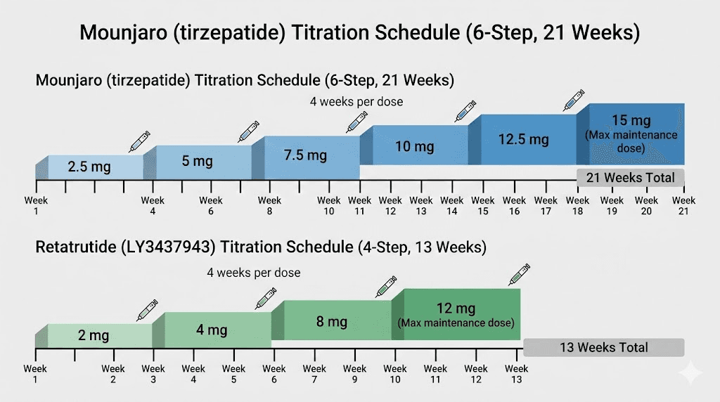 Mounjaro versus retatrutide dosage titration schedule timeline comparison