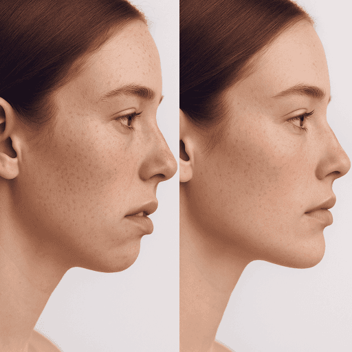 Close-up of a freckled woman behind a translucent film strip—soft, dewy skin, minimal beauty editorial on white.