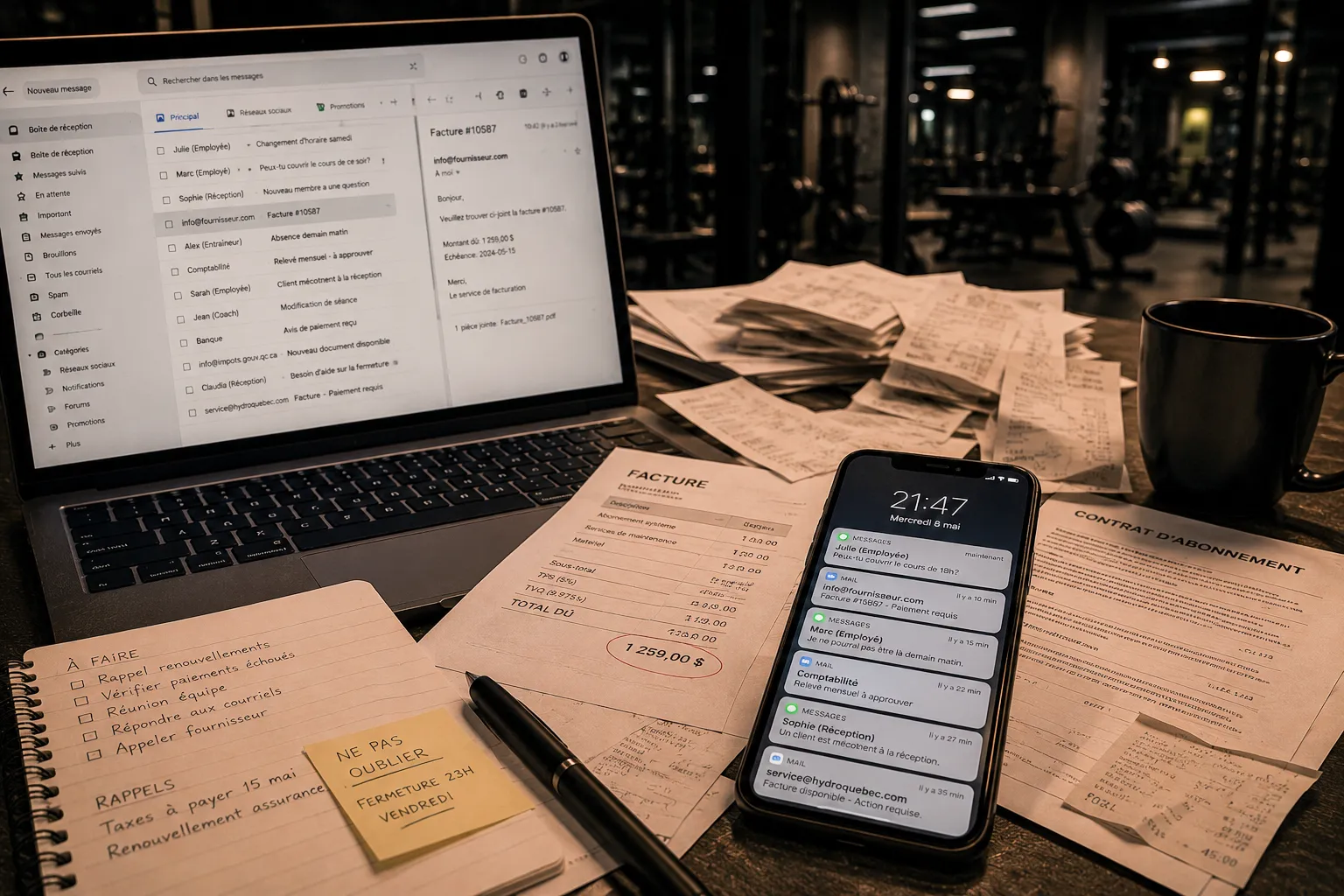 Bureau dans un gym avec plusieurs factures à payer, avec un laptop ouvert sur page de courriel. le bureau représente le chao de gestion désordonné.