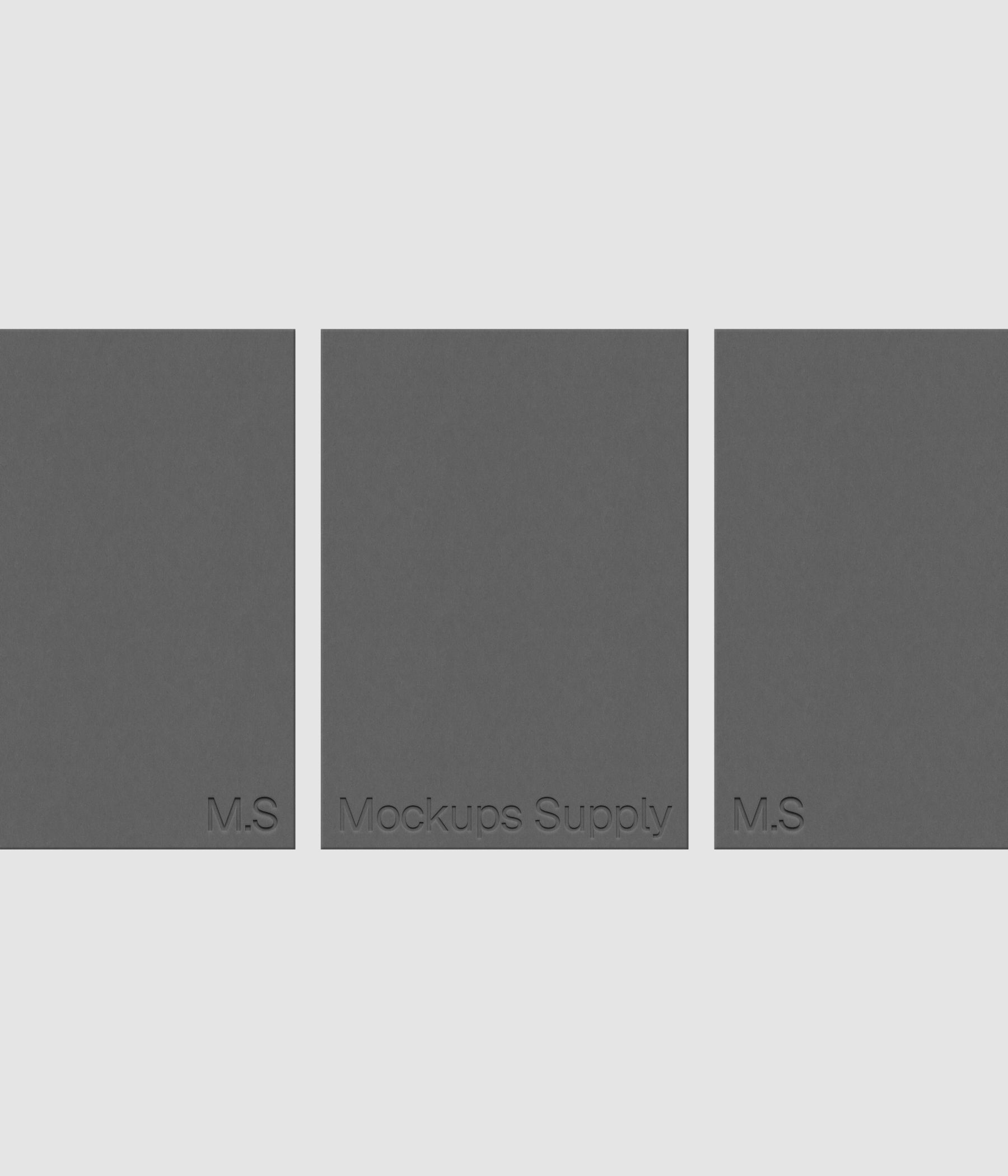 Three A5 paper mockup PSD portrait in a row with debossed logo effect, gray papers on white background, modern minimal stationery mockup for print design and brand identity