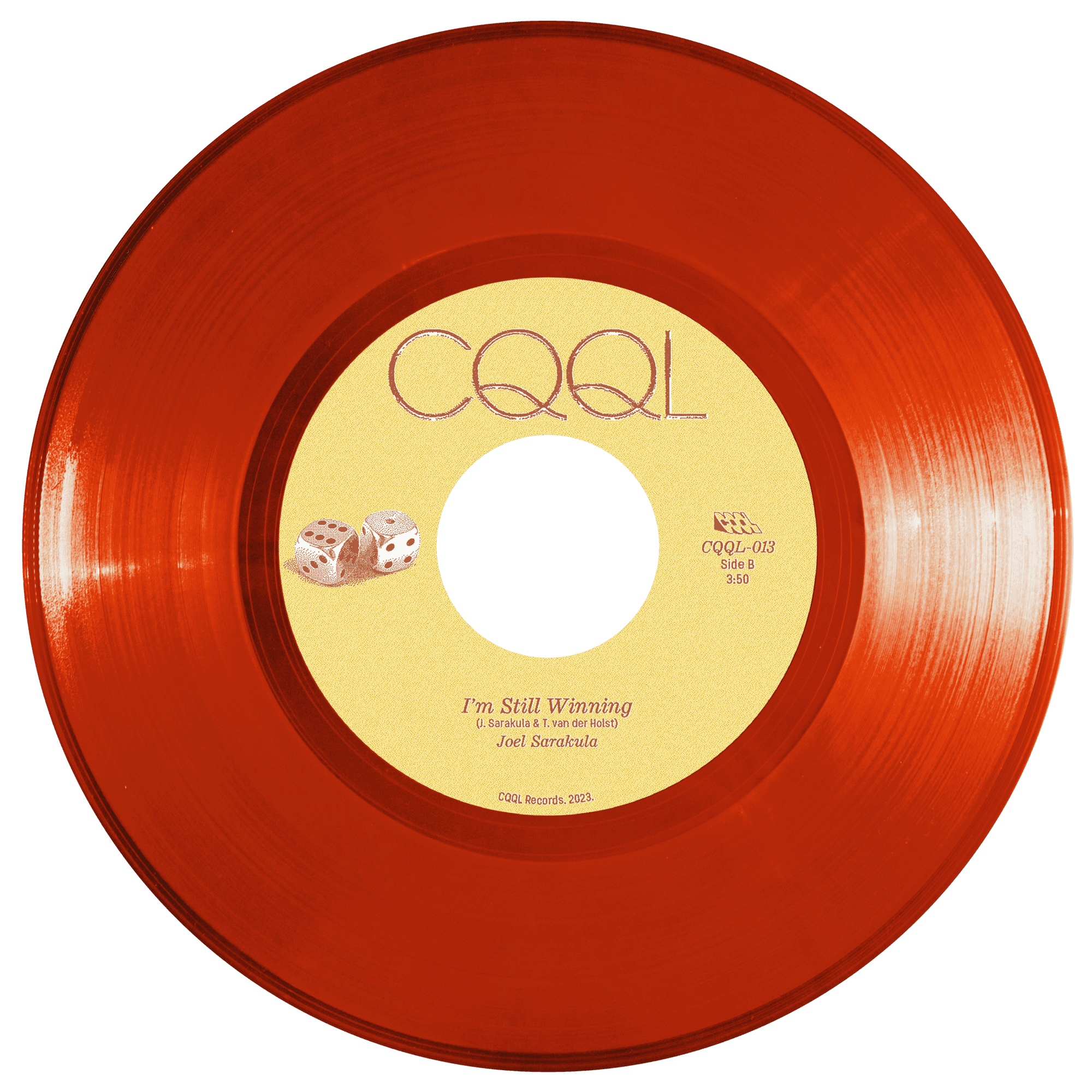 Clear red vinyl record with yellow label featuring 'CQQL' and music details on a white background