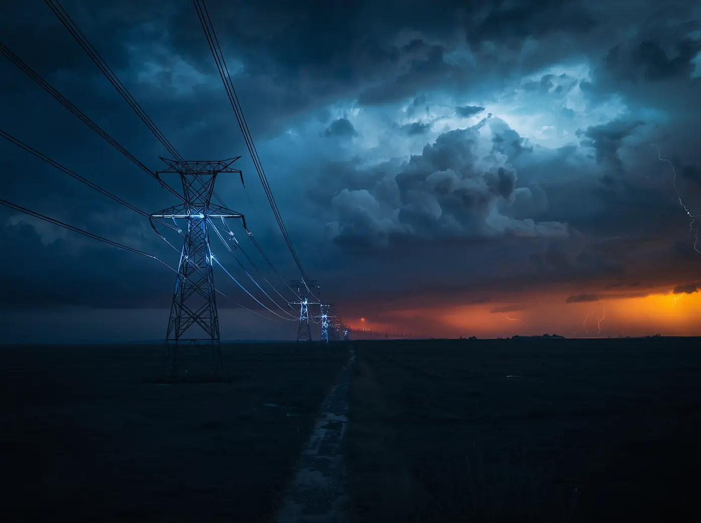 Electrical transmission tower and power lines against a stormy sky at sunset