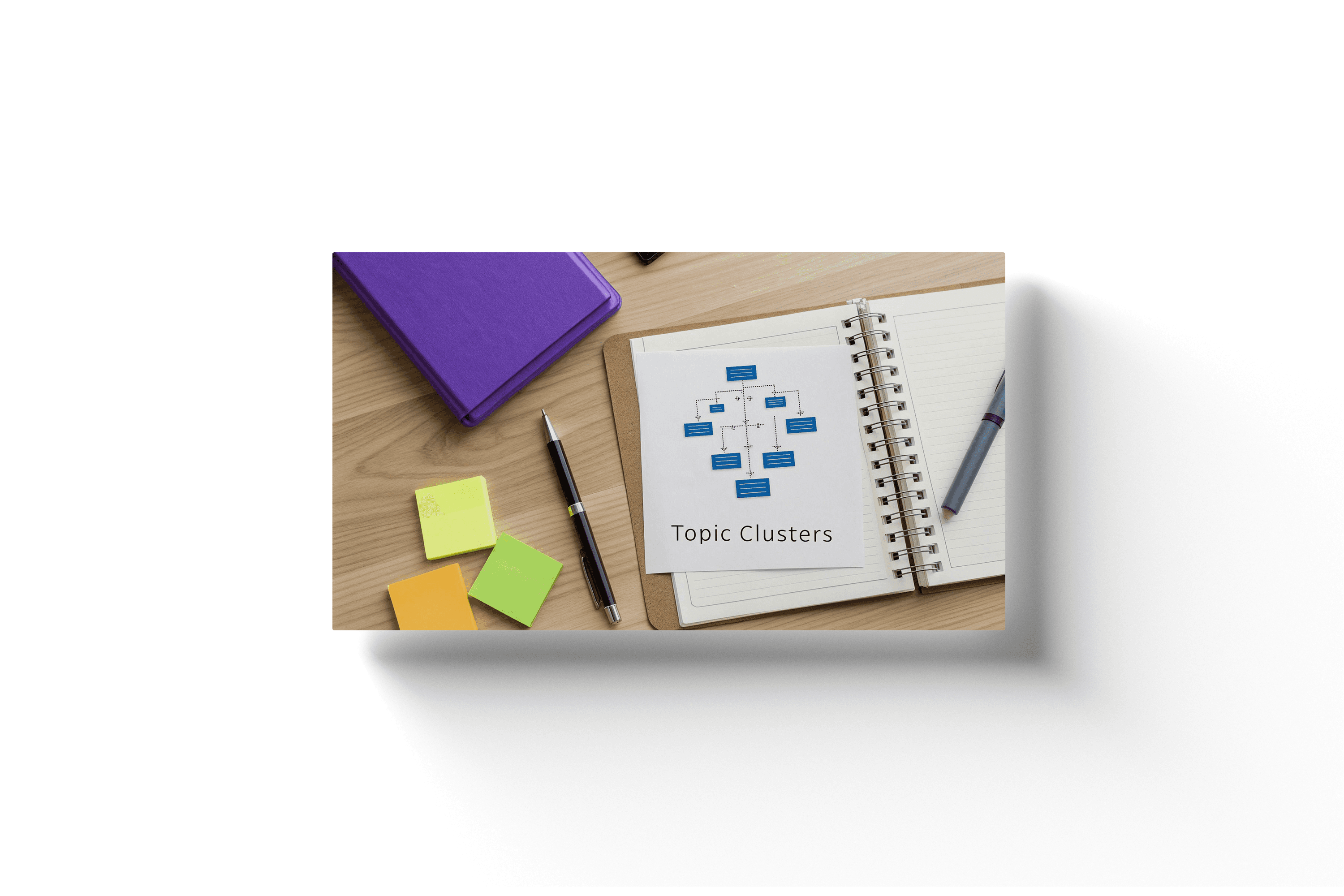 a notebook showing a mind map on a wooden desk and the text 'topic clusters'