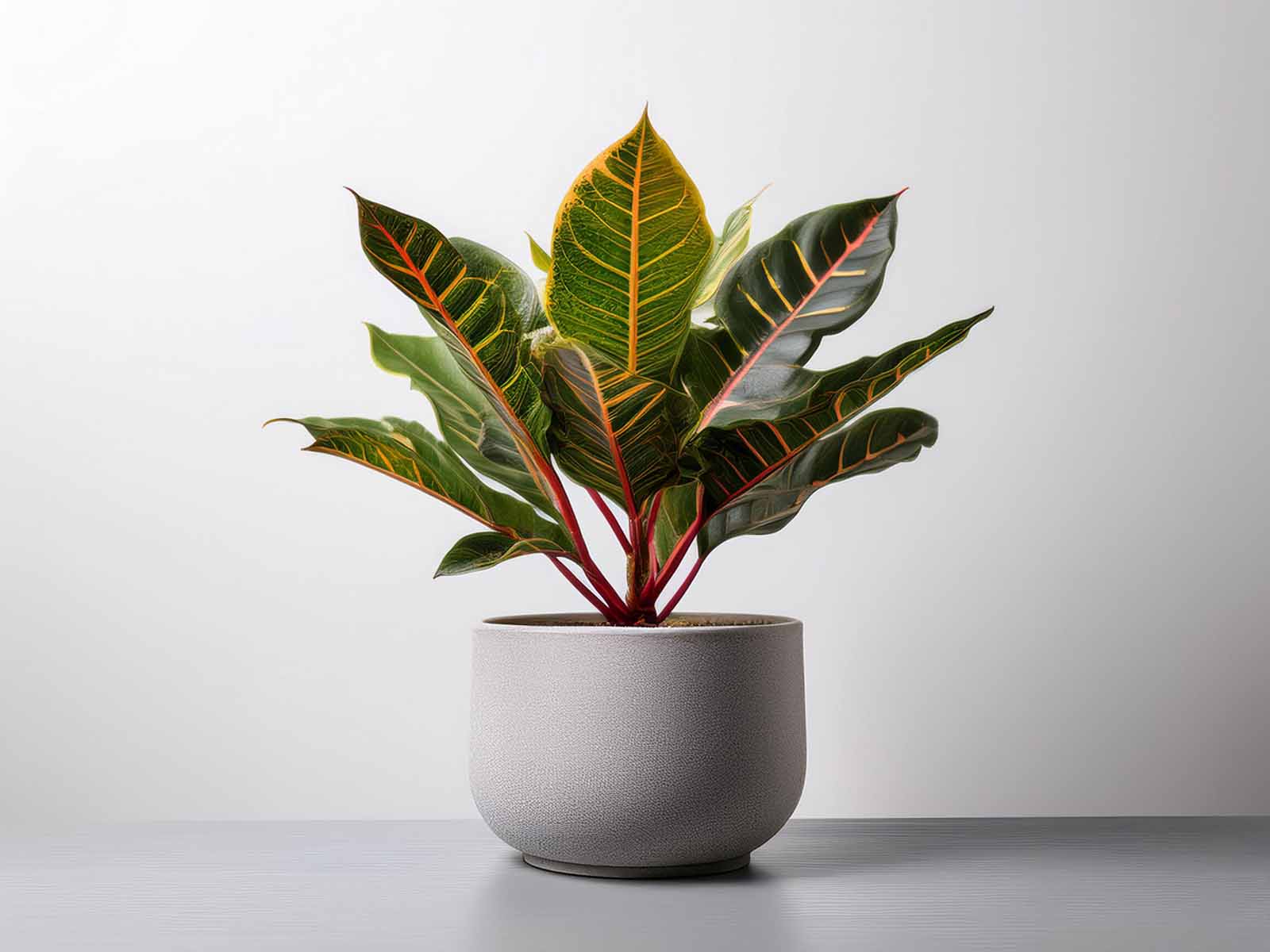 Croton plant with vibrant red, yellow, and green variegated leaves in a modern St. Louis office, supplied by Tropical Decor.