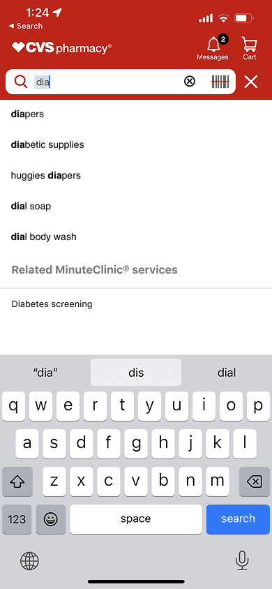 a screenshot displaying search suggestions for "dia", with a minute clinic suggestyion for diagetes screening at the bottom of the page