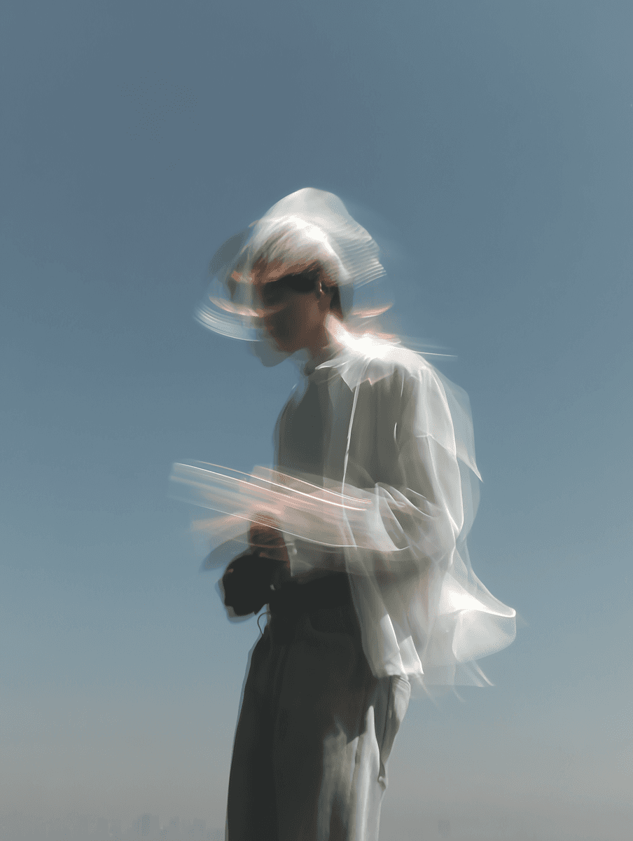 A person wearing a white outfit and hat stands against a clear blue sky, holding something in their hands.