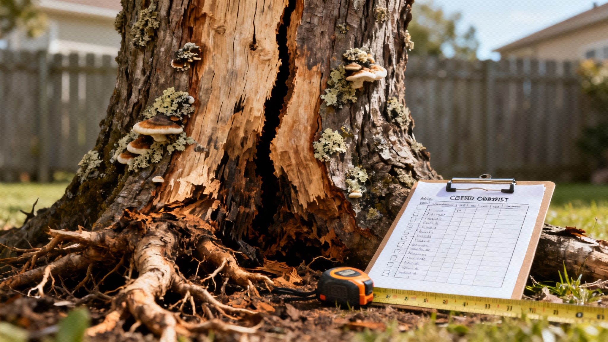 Two neighbors talking over a low wooden fence in a suburban backyard.