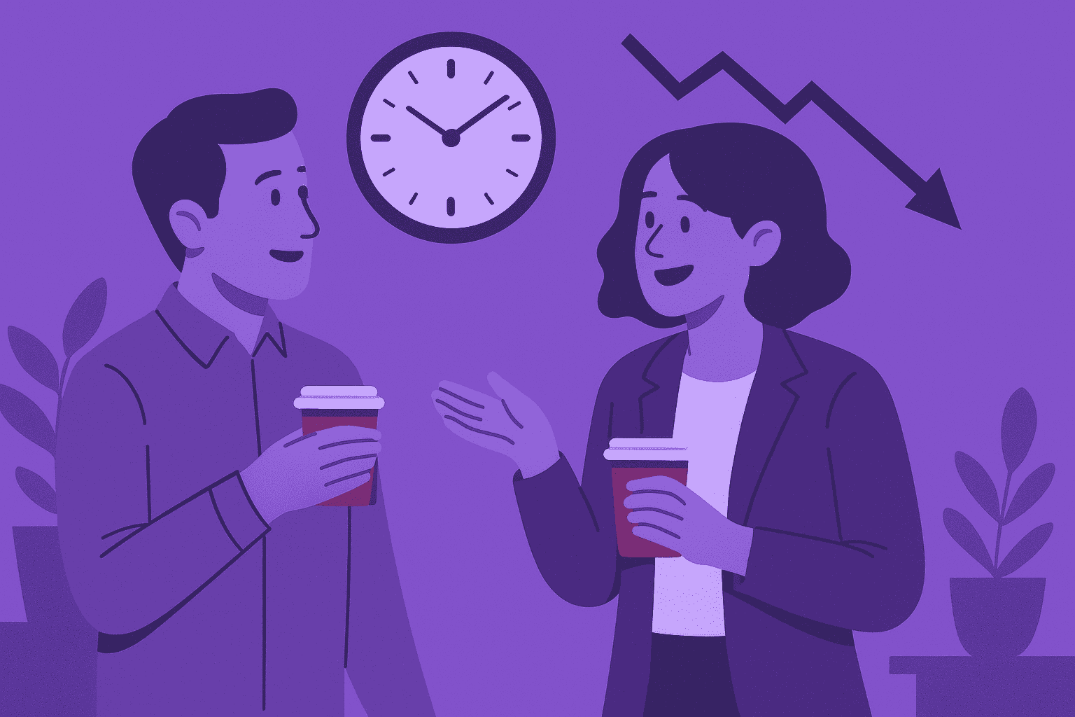 Flat-style illustration of two coworkers chatting casually over coffee near a clock showing time passing, symbolizing workplace distraction and productivity loss from excessive socializing.