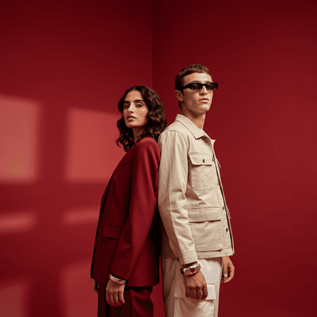 Man and woman standing in front of red backdrop