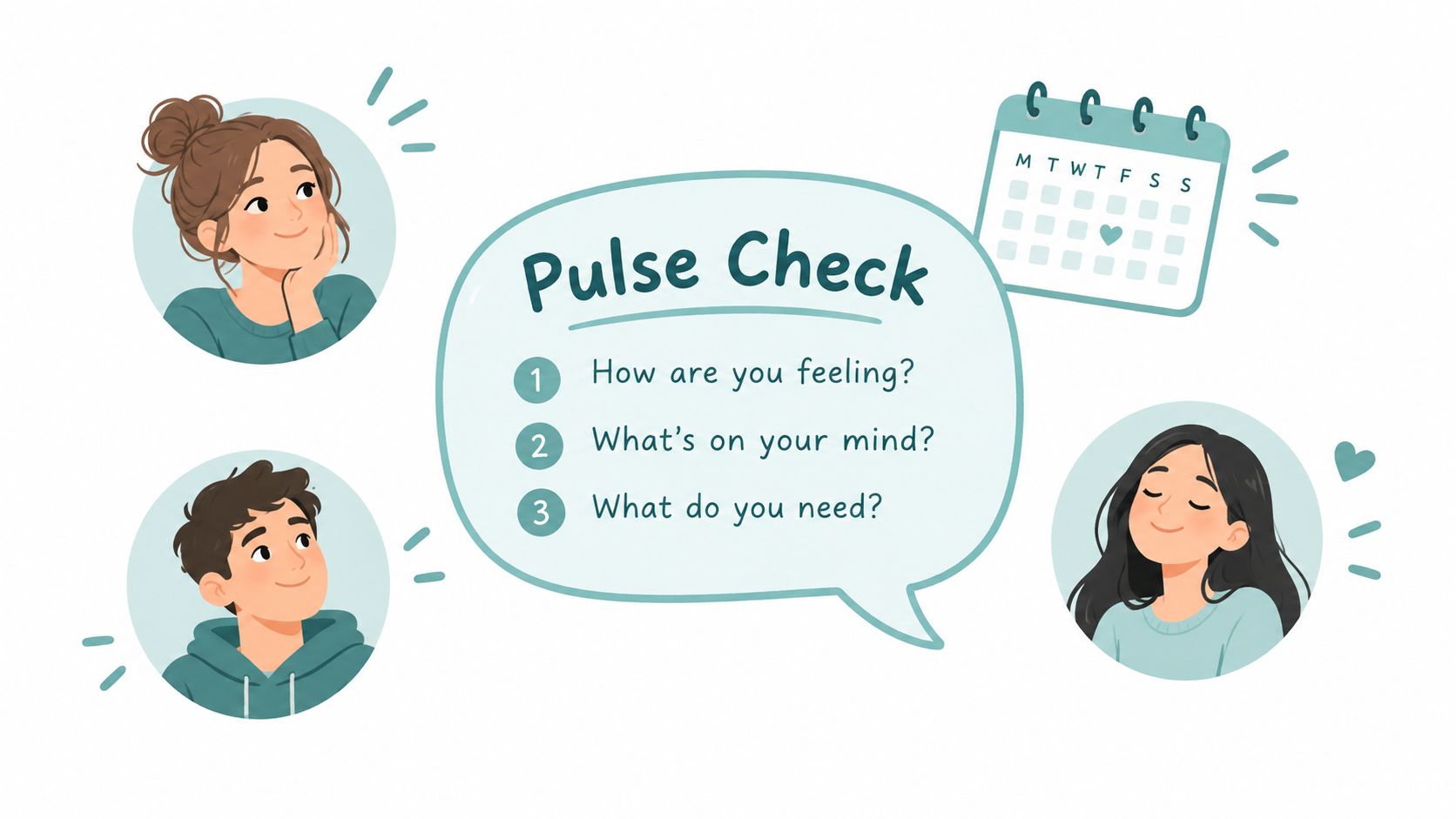 A friendly Pulse Check infographic featuring three characters, a speech bubble with three questions, and a calendar.