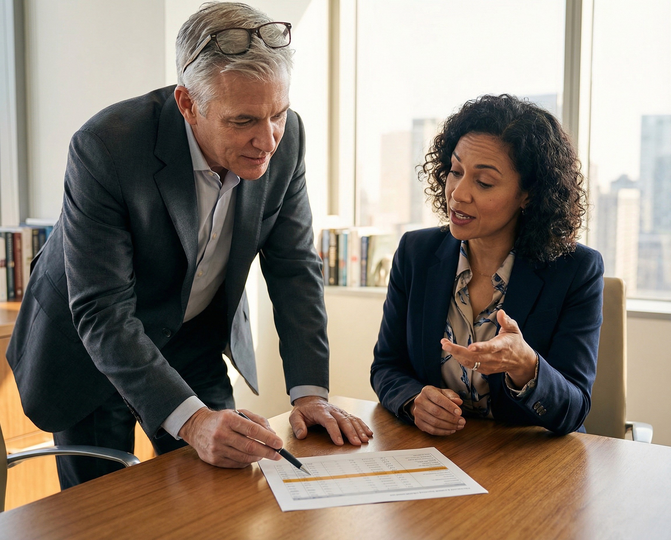 A CFO in his mid-50s and a chief people officer in her mid-40s sitting side by side at a small meeting table in a quiet executive office, reviewing a single printed page together. The page shows a structured exposure summary — a table with team or division labels down the side, cost columns, and a total figure at the bottom, with one row highlighted in amber — visible in layout and colour but not legible. The CFO has his reading glasses pushed up on his forehead and is pointing at the highlighted row with a pen, asking a question. The CPO is mid-answer, one hand gesturing to provide context.