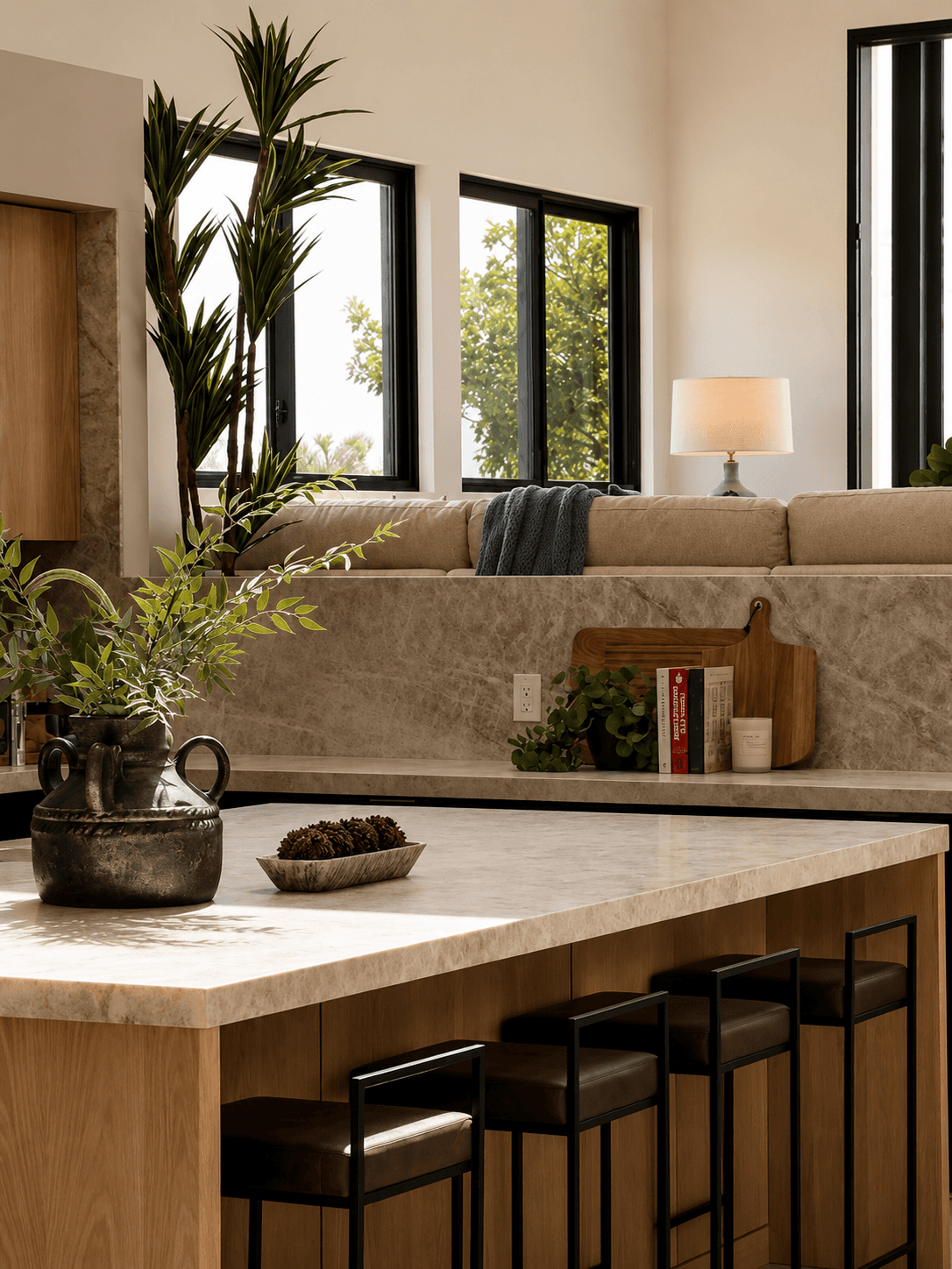 Professionally staged kitchen island with barstools and styled decor