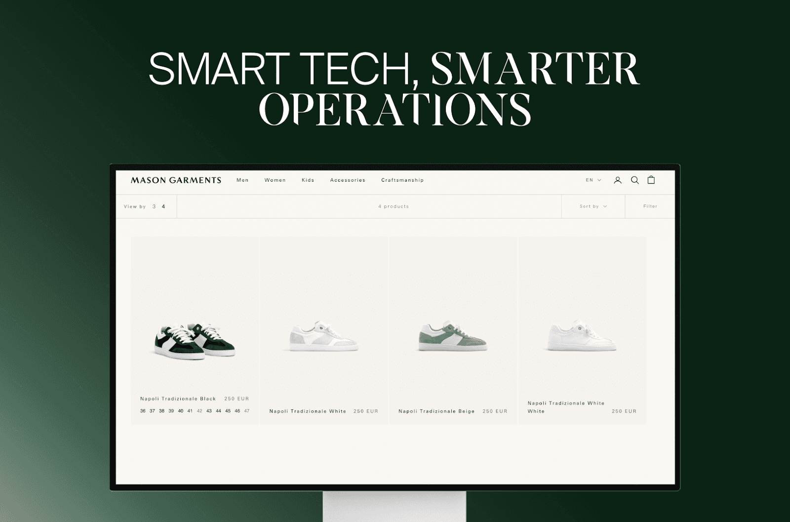 Sneaker-Kollektionsseite von Mason Garments auf einem Monitor, unter der Überschrift Smart tech, smarter operations