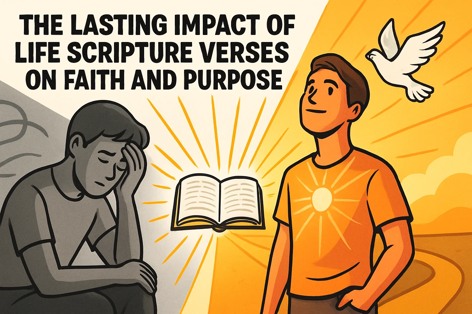 another imsge Comic-book style split-screen of a sad man in grayscale and a hopeful man in color with a dove flying above, centered around an open Bible radiating light—symbolizing the transformative power of scripture.