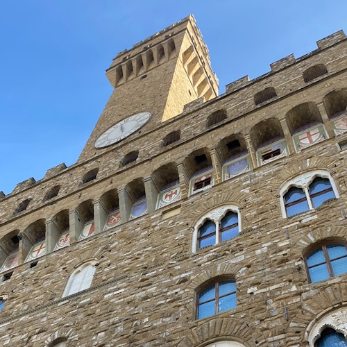 一座历史悠久的石砌建筑细节清晰可见，配有拱形窗户、装饰性徽章和钟楼，映衬在晴朗的蓝天下。