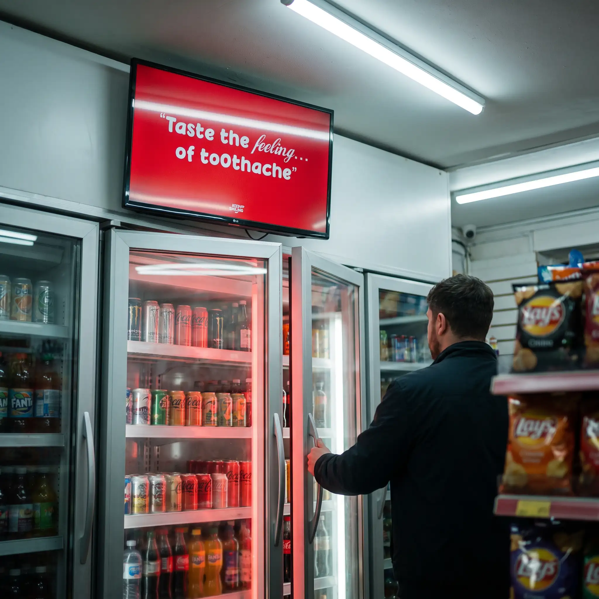 Keep Smiling screen ad above the fizzy drinks fridge in a corner shop