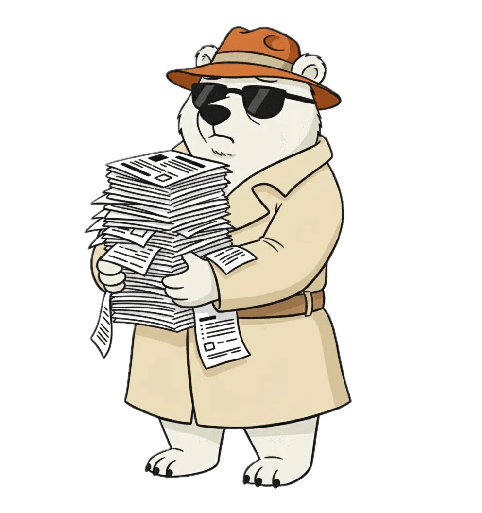 Illustration of a bear looking sad because he's holding a lot of unorganized documents