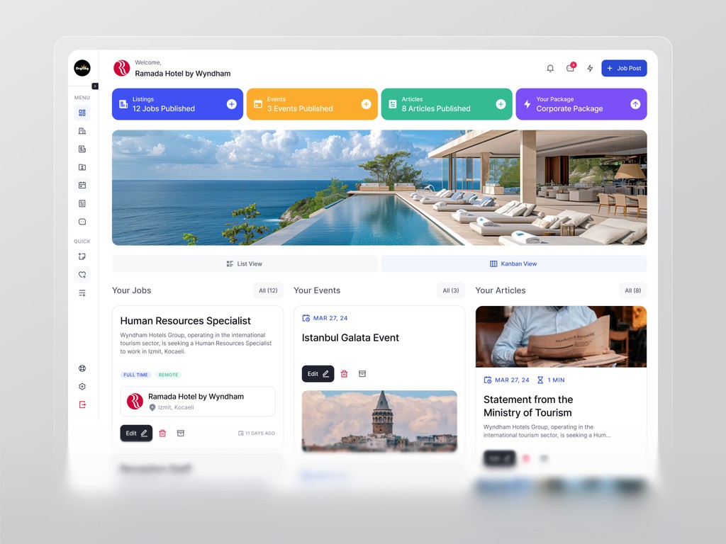 Dashboard interface showcasing Ramada Hotel employer portal with published job listings, events, and content insights