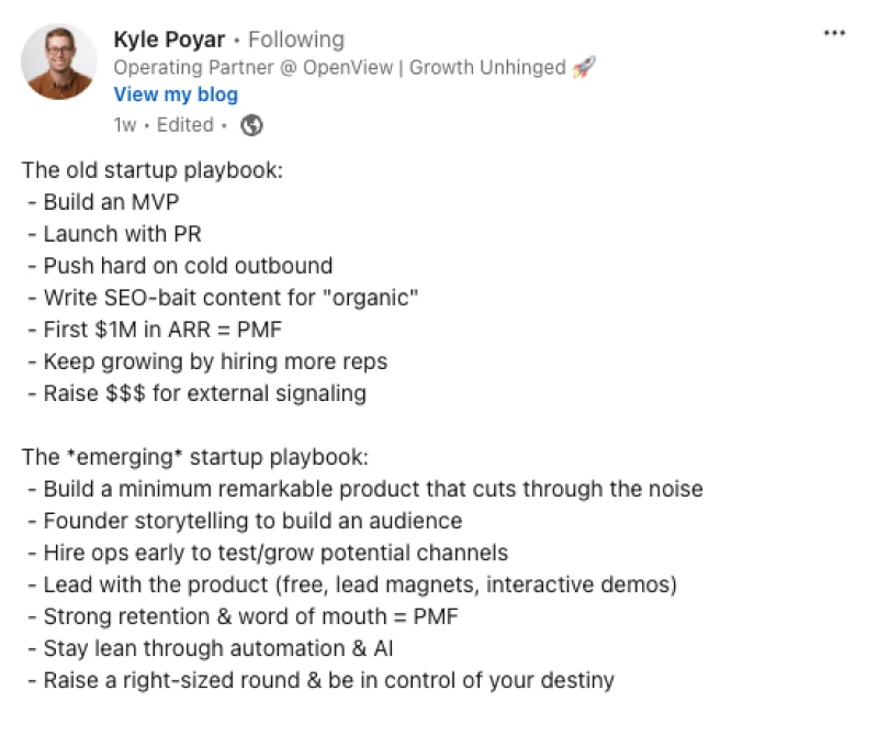 A screenshot of Kyle Poyars LinkedIn post