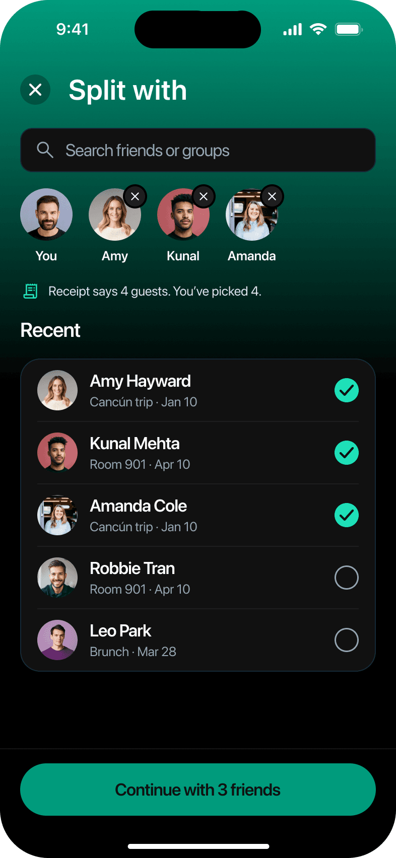 Amy, Kunal and Amanda are in, matching the 4 guests on the receipt