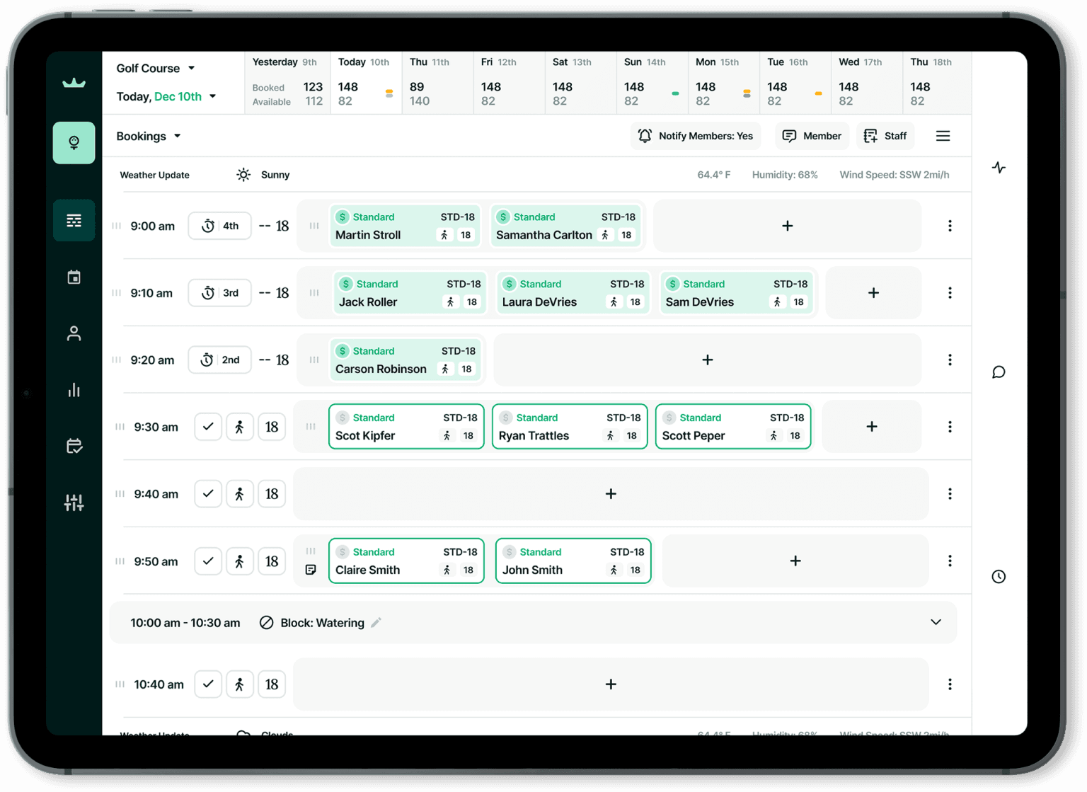 Tee sheet displayed on a tablet using Whoosh’s golf booking software