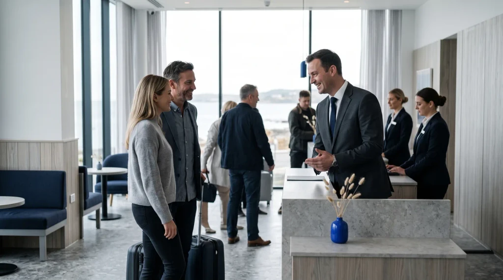 Staff greeting guests in a bright hotel lobby