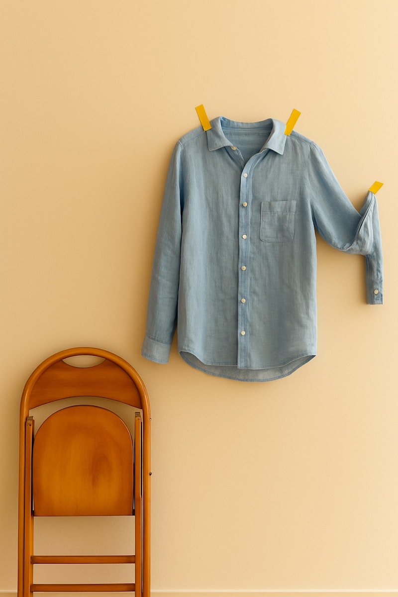 A blue shirt hanging on a wall next to a folded wooden chair