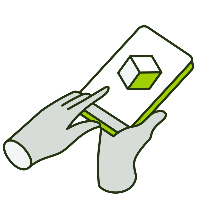 3D illustration of gloved hands handling a cube, representing automated order and inventory synchronization.