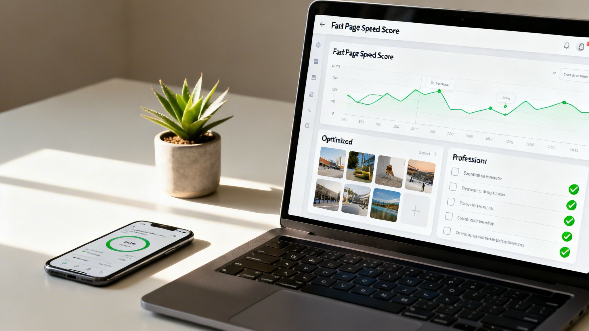 A laptop and a smartphone on a desk display website performance metrics, with a green plant nearby.