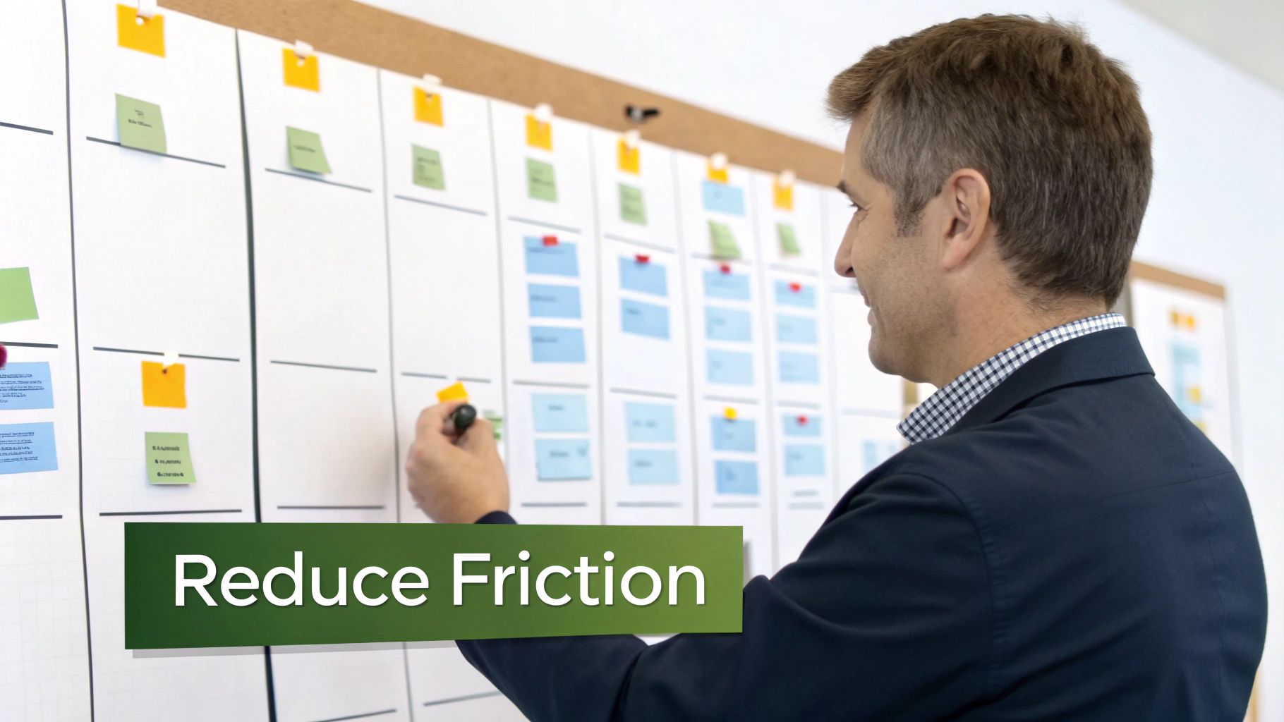 A man smiles while writing on a kanban whiteboard filled with sticky notes, with 'Reduce Friction' text overlay.