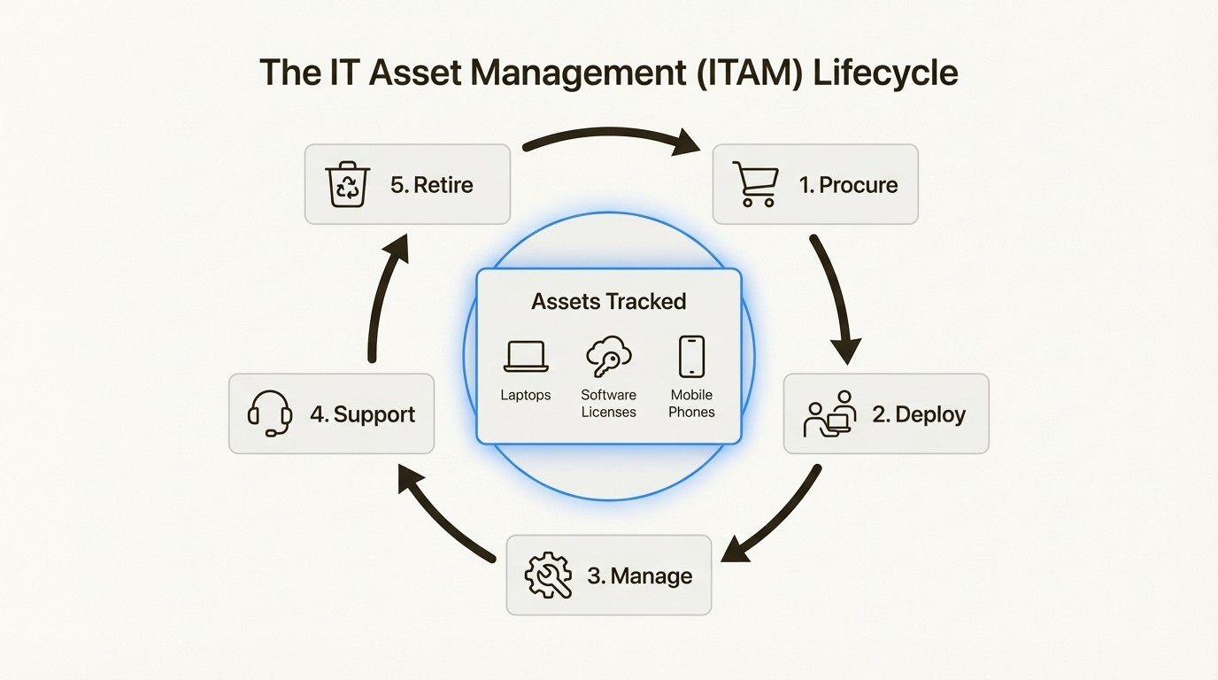 An infographic explaining the five stages of the IT asset management lifecycle, a core function of bluetally alternatives.